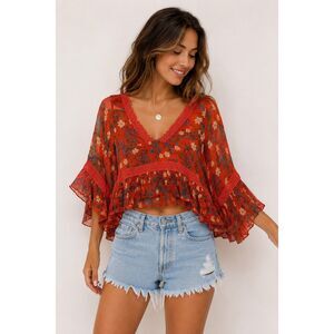 Free People Boho Floral Bell Sleeve Crop Top Orange Red Size XS